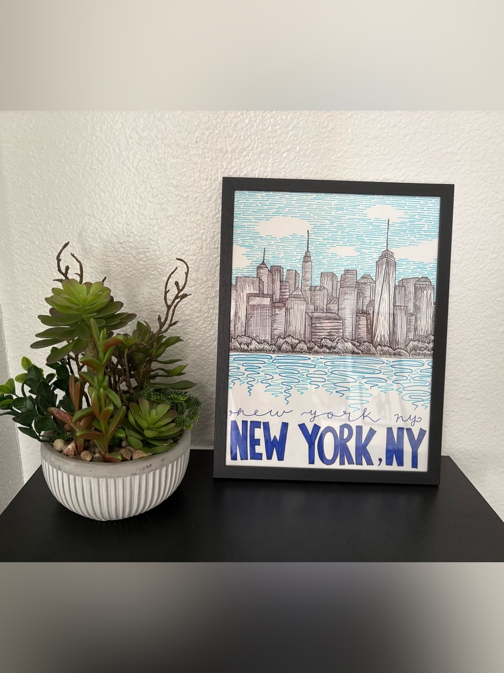 Framed New York Skyline Art Print in Blue and Black - Detailed Line Artwork